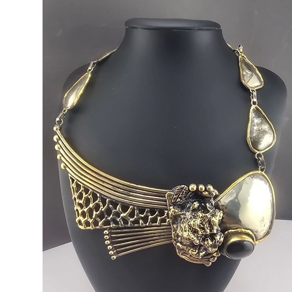 Vintage Luciano Necklace Gold Silver Brutalist Statement Asymmetrical 18in